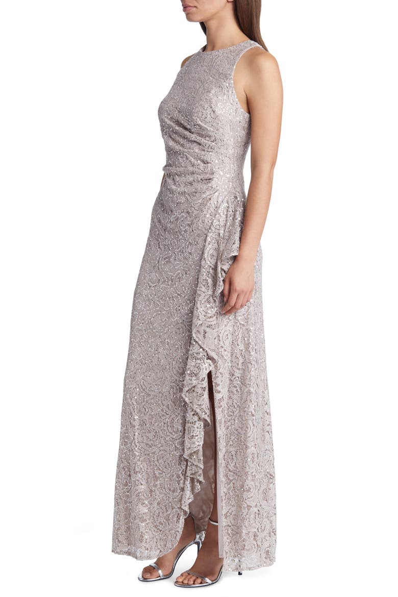 Ruffle Sequin Lace Gown, Alternate, color, BUFF