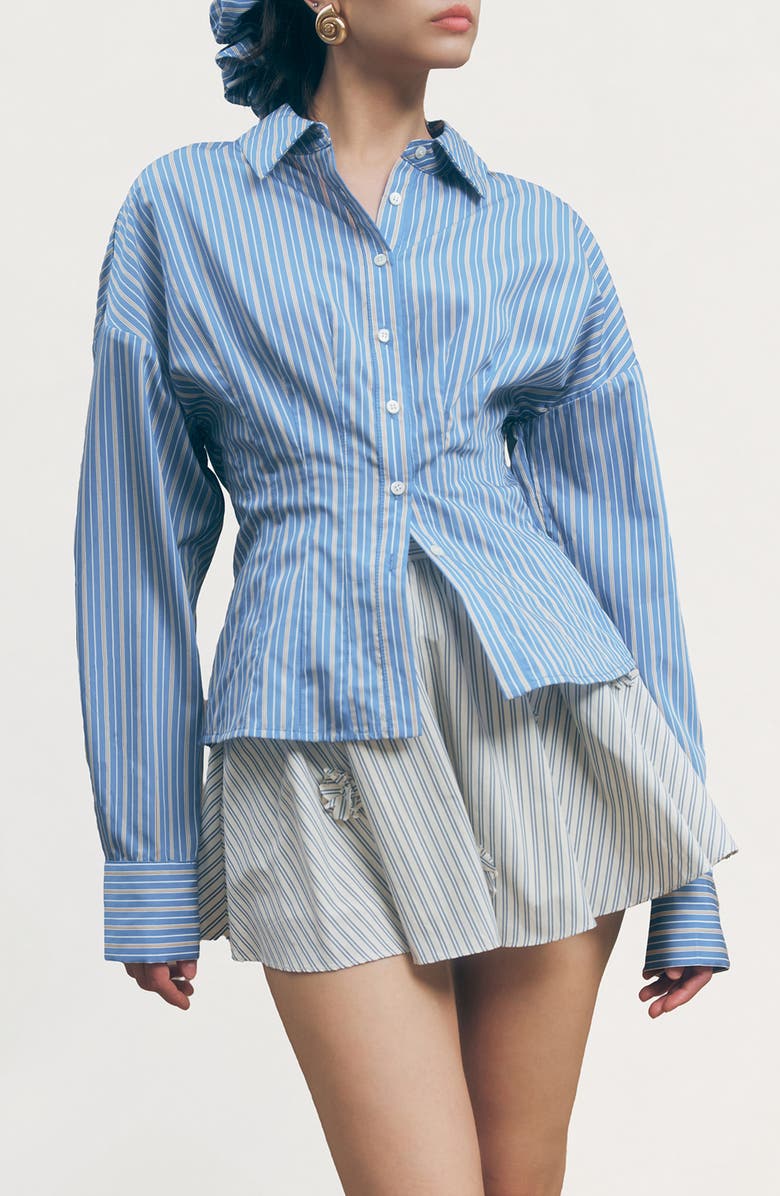MAUDE CLUB Hadley Pleated Stripe Cotton Blend Button-Up Top, Alternate, color, Blue Stripe