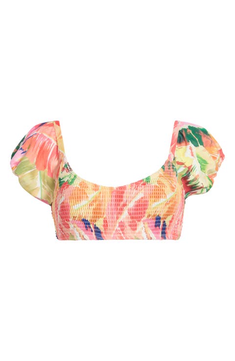 Smocked Puff Sleeve Bikini Top