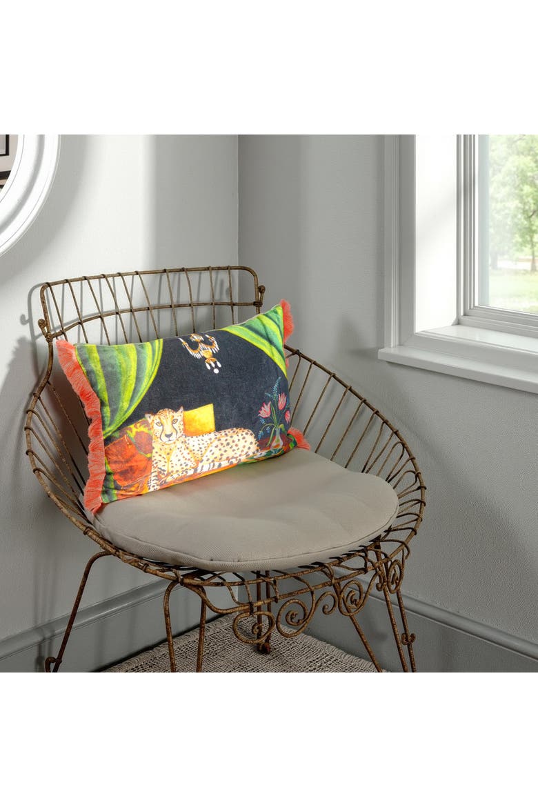 Cotton Blend Velvet Printed Lumbar Pillow with Cheetah Image and Eyelash Fringe, Multi Color, Alternate, color, Green