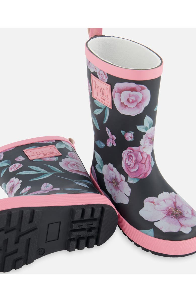 Deux par Deux Girl's Printed Rain Boots Pink, Black, And Flowers, Alternate, color,
