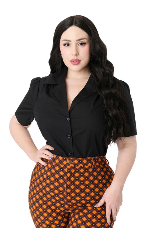 Unique Vintage Plus Size 1940s Short Sleeve Collared Button Down Woven Blouse In Black