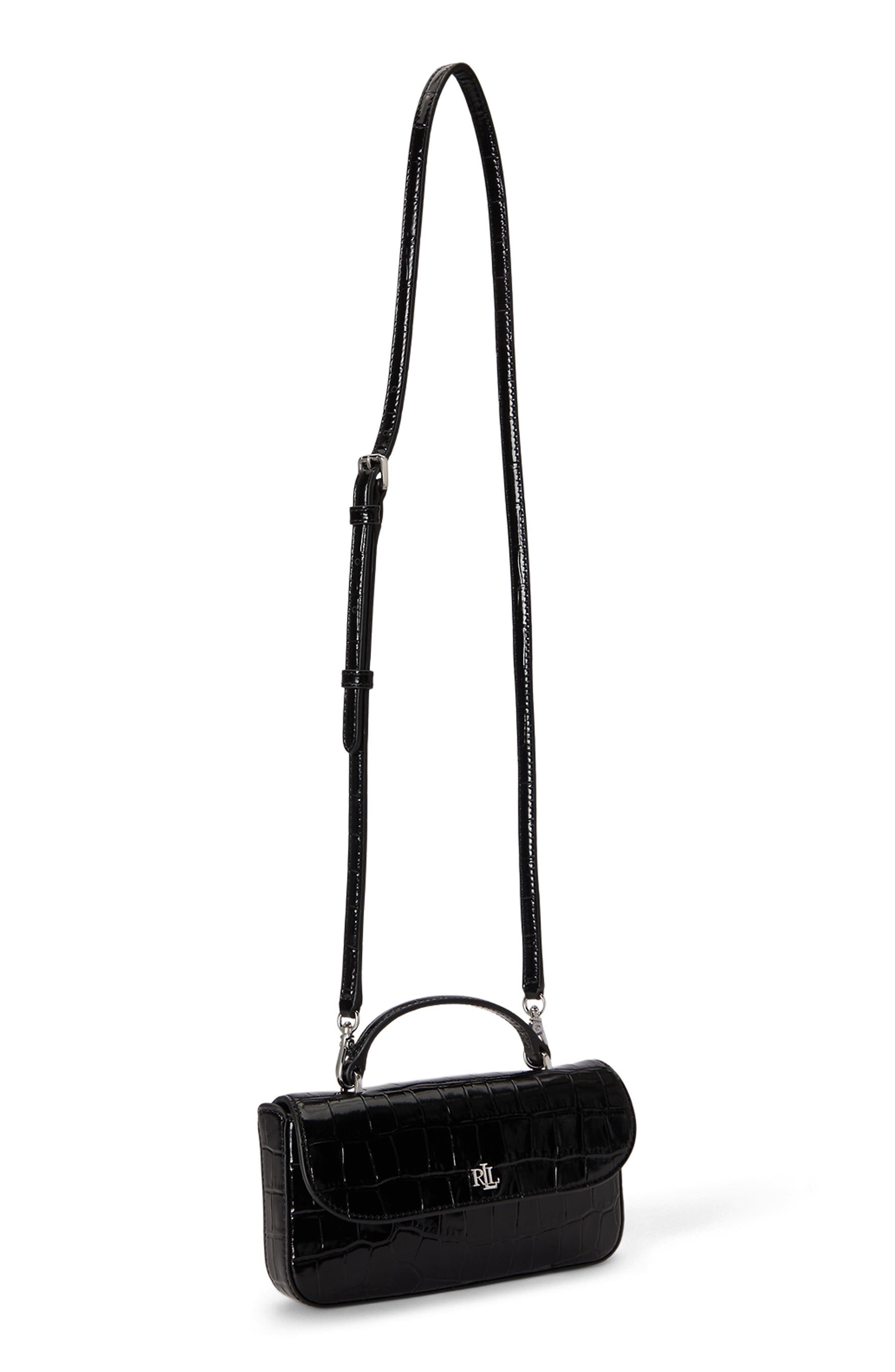 Croc-Embossed Marcy Crossbody Wallet, Alternate, color, BLACK