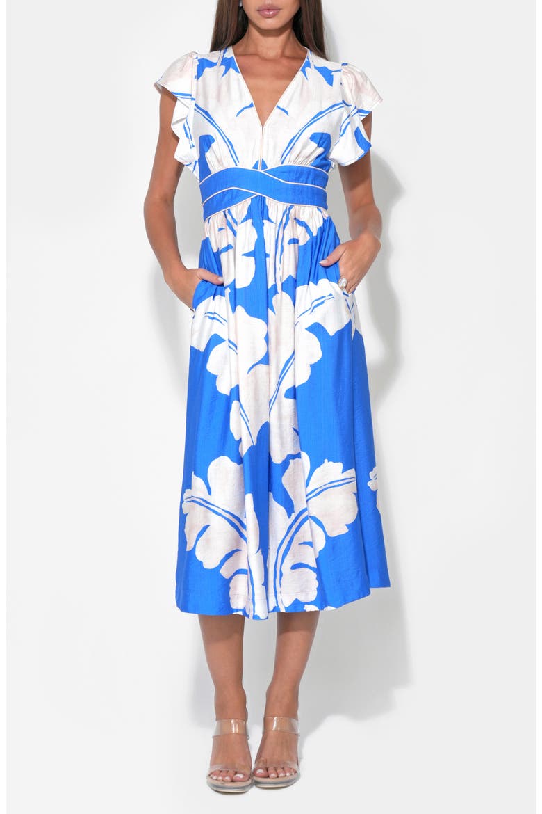 Avery Botanical Print Midi Dress, Alternate, color, BLUE/ IVORY