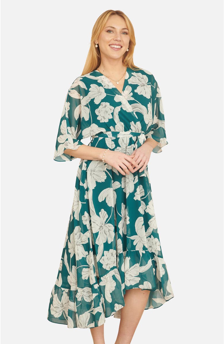 Yumi Midi Dip Hem Wrap Dress, Alternate, color, Green