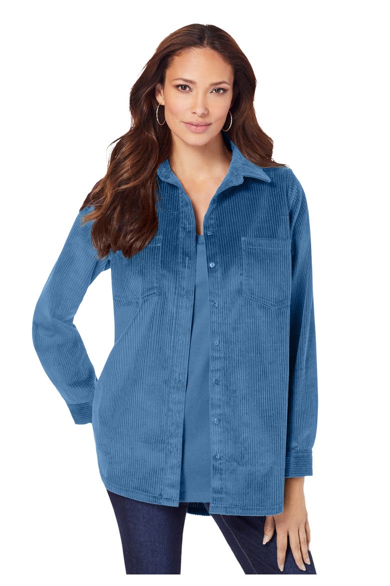 Extended Plus Size Corduroy Button Front Shirt, Main, color, DUSTY INDIGO
