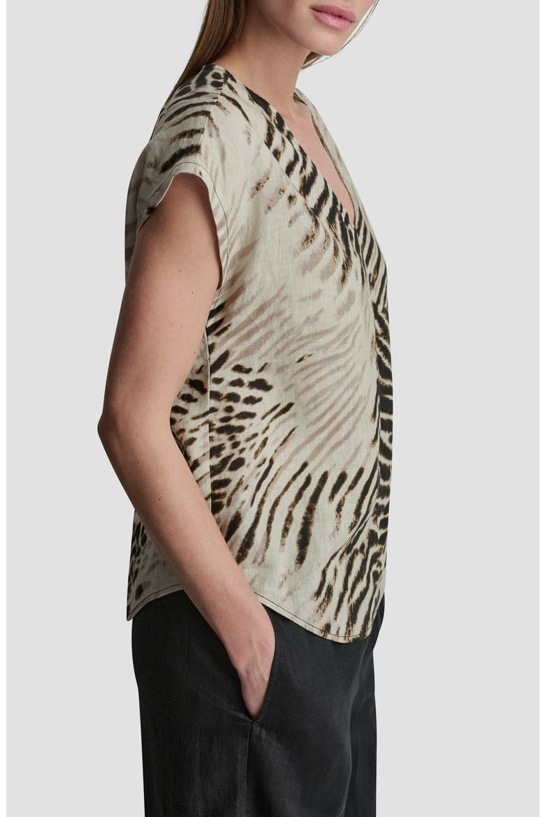 Print Colorblock Linen V-Neck Top, Alternate, color, BRUSHED SANDBED
