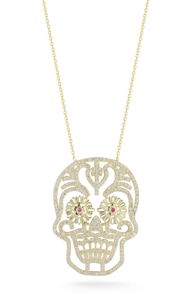 SPHERA MILANO Sterling Silver & CZ Sugar Skull Pendant Necklace, Main, color, Yellow Gold