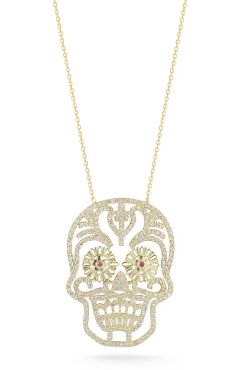 Sterling Silver & CZ Sugar Skull Pendant Necklace