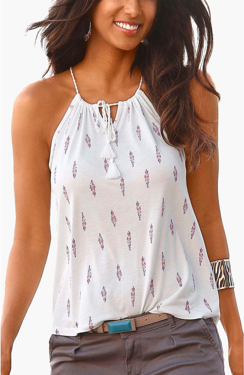 LASCANA Women's Braided Strap Print Top, Main, color, Cream