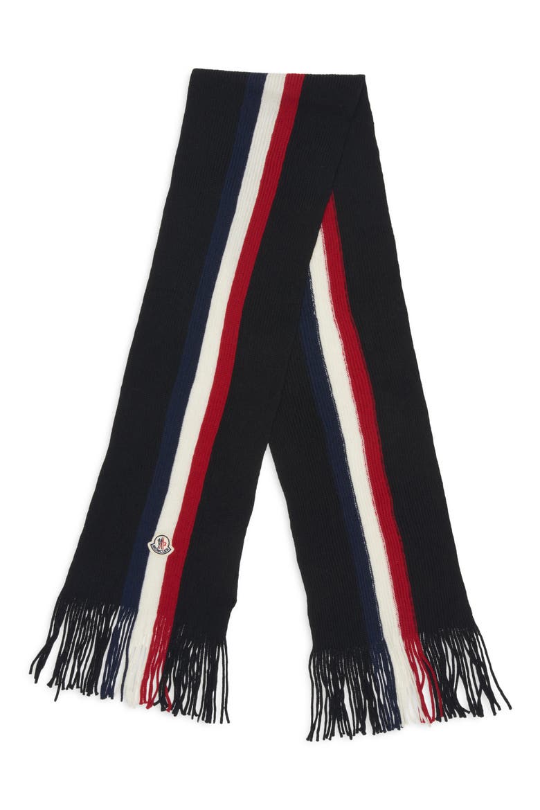 Logo Patch Stripe Virgin Wool Fringe Scarf, Main, color, BLACK