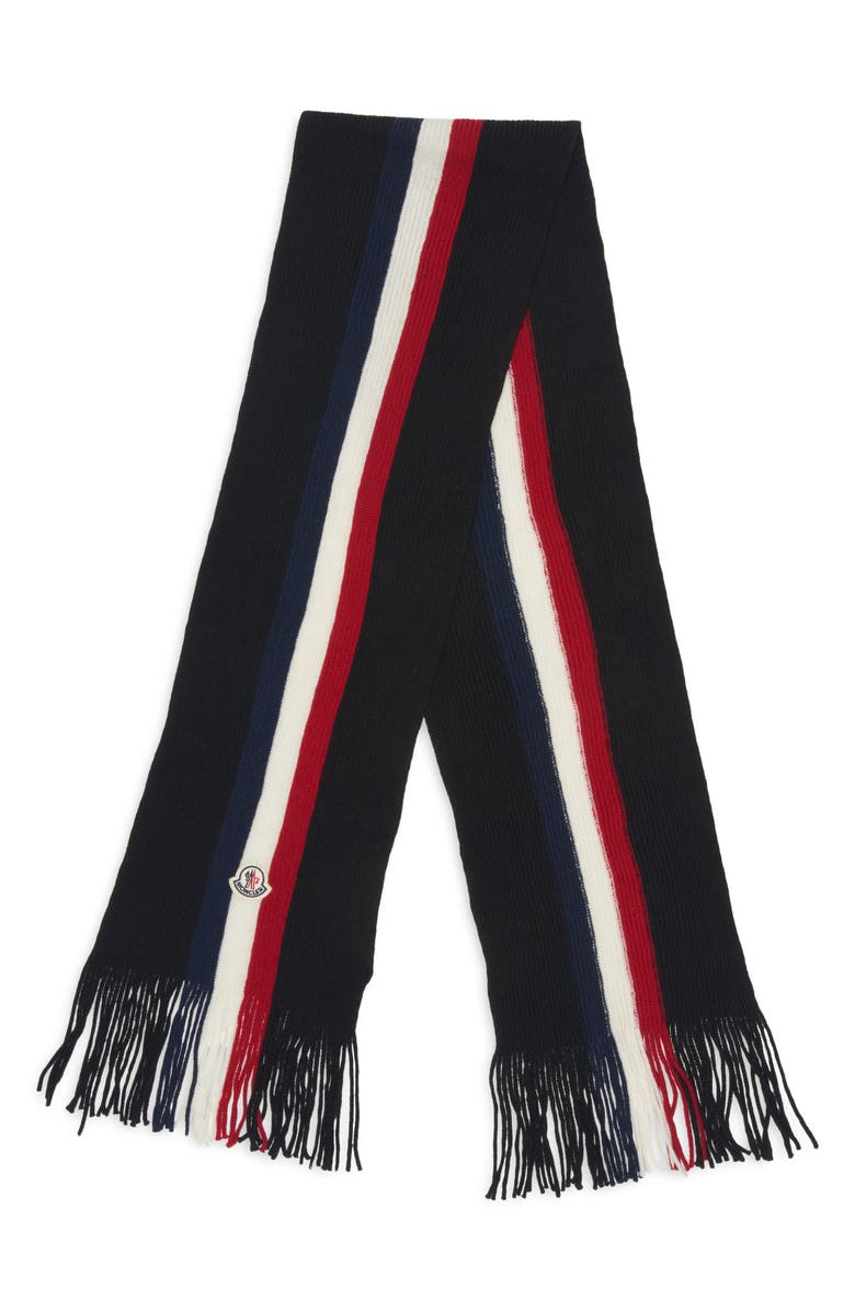 Moncler Logo Patch Stripe Virgin Wool Fringe Scarf, Main, color, Black