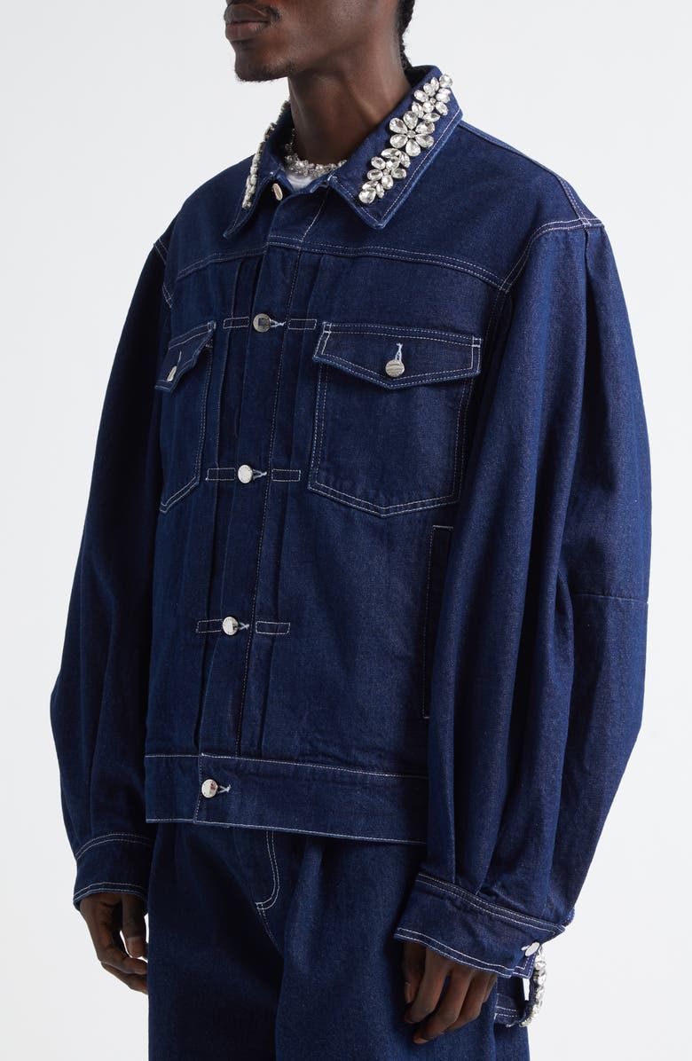 Simone Rocha Crystal Embellished Puff Sleeve Denim Trucker Jacket, Alternate, color, 