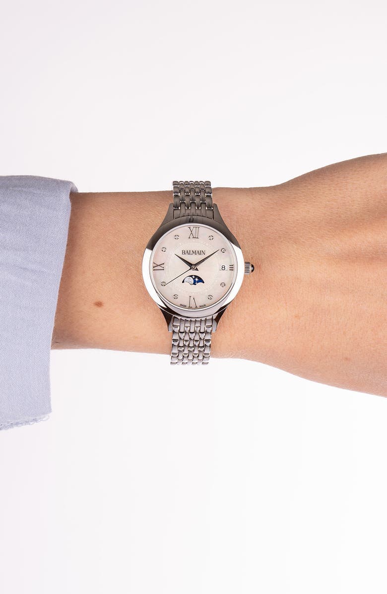 BALMAIN WATCHES Mother-of-Pearl Diamond Moon Phase Bracelet Watch, 31mm, Alternate, color, 