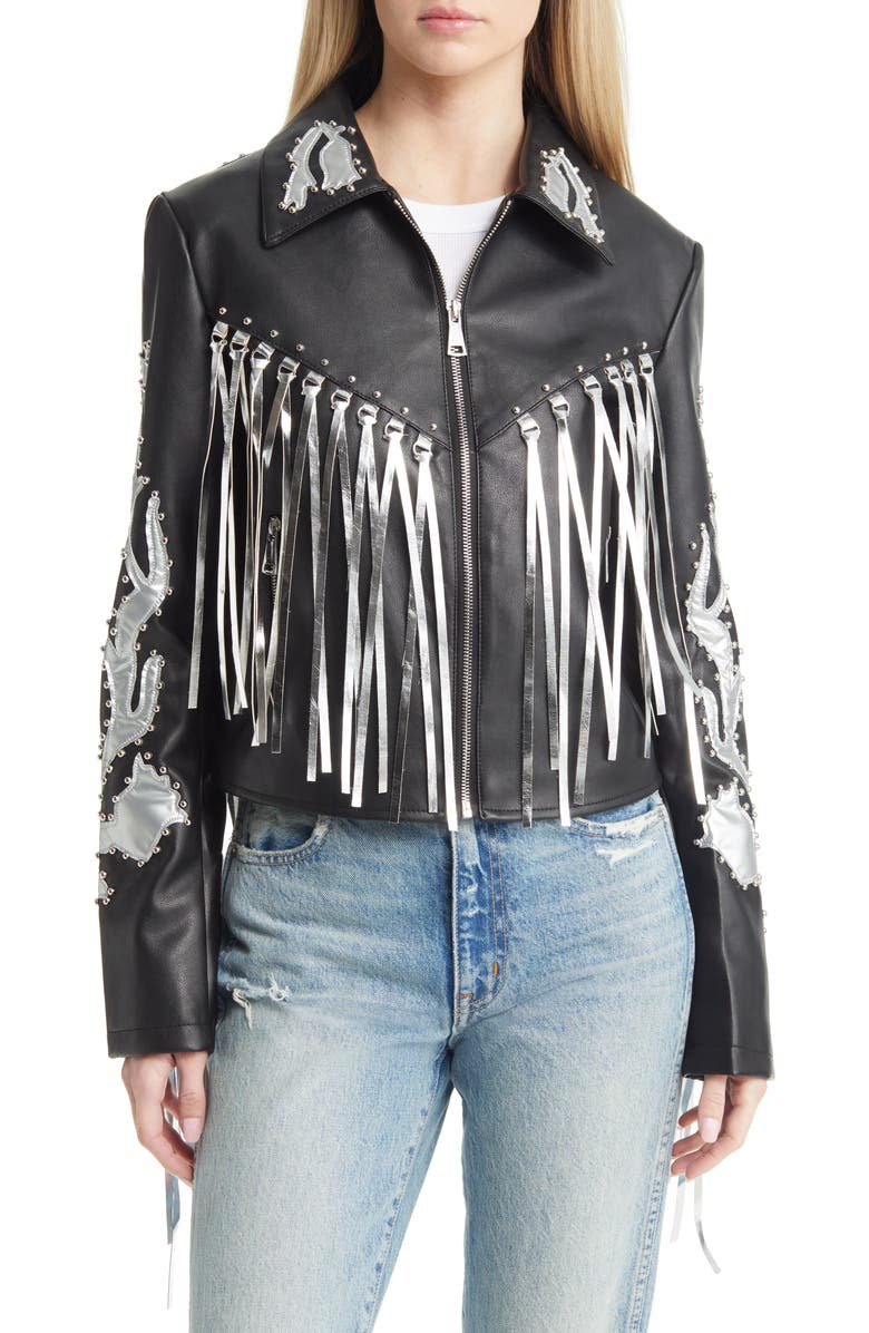 AZALEA WANG Western Fringe & Stud Faux Leather Jacket, Alternate, color, 