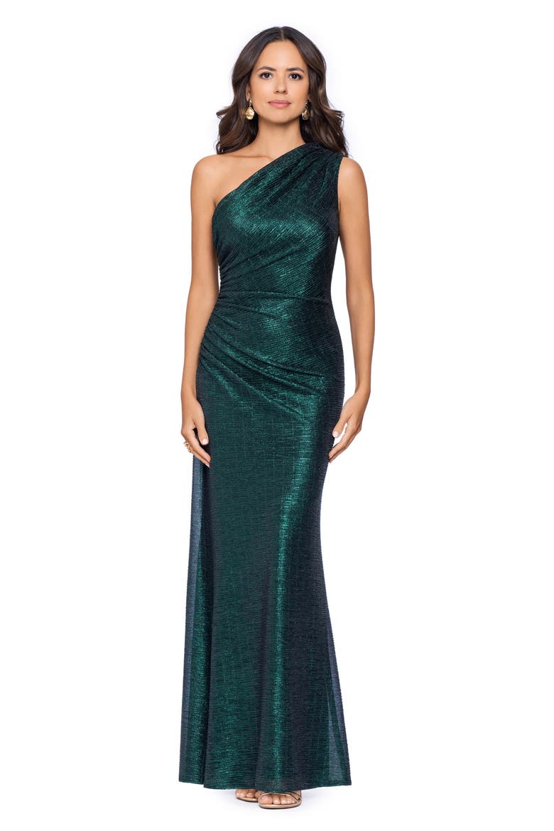Texture Metallic One-Shoulder Gown, Alternate, color, BLACK/ EMERALD