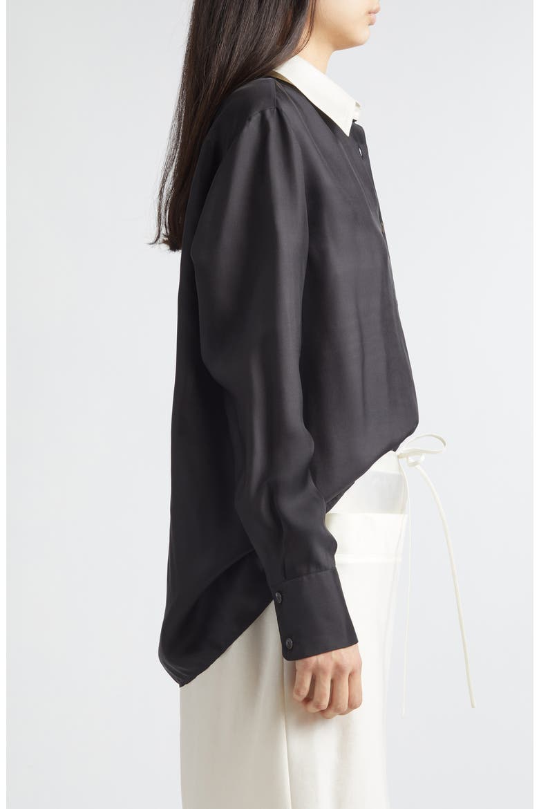 Chiu Contrast Collar Satin Button-Up Shirt, Alternate, color, BLACK