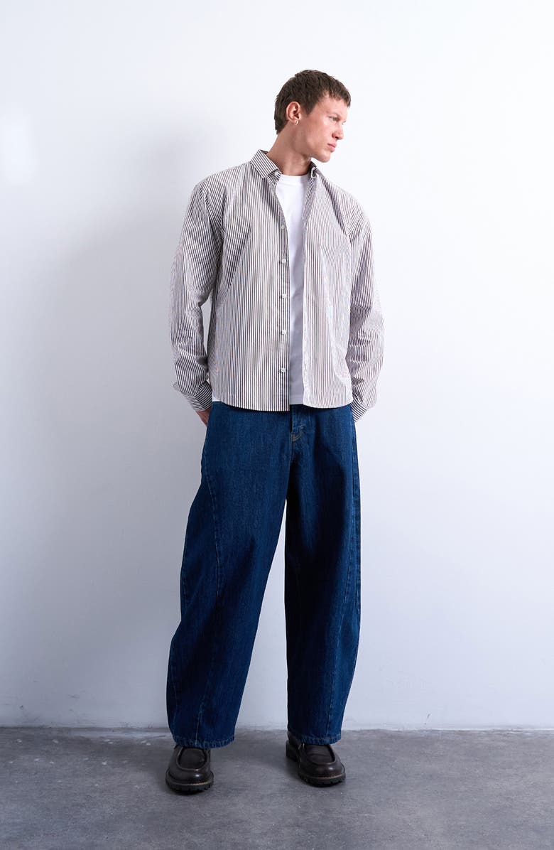 Topman Relaxed Fit Stripe Button-Up Shirt, Alternate, color, Brown