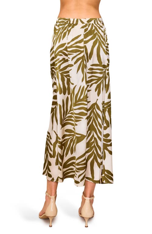 Melloday Floral Satin Ruched Midi Skirt In Olive Cream Leaf