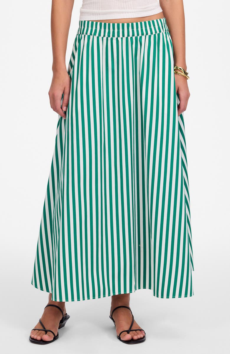 Madewell Stripe Cotton Poplin Midi Skirt, Main, color, Verdant Green