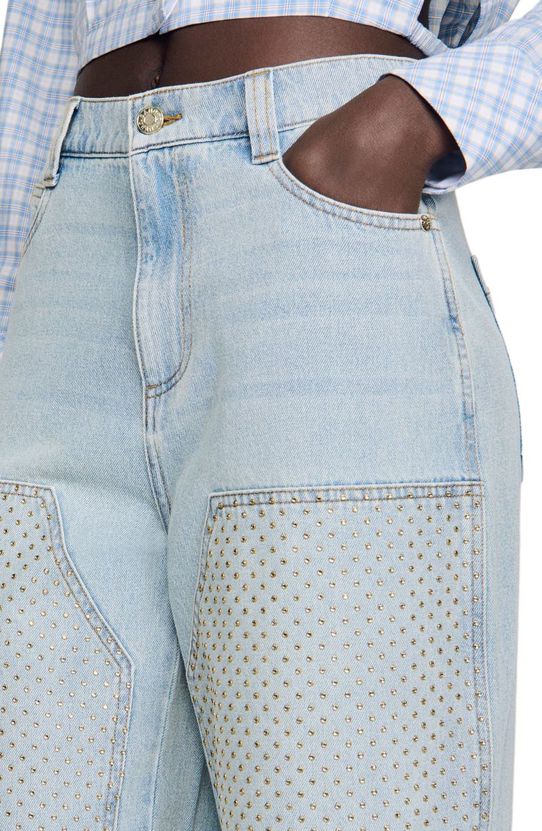 SANDRO Faded straight crystal patch jeans, Alternate, color, Light Bu Jean