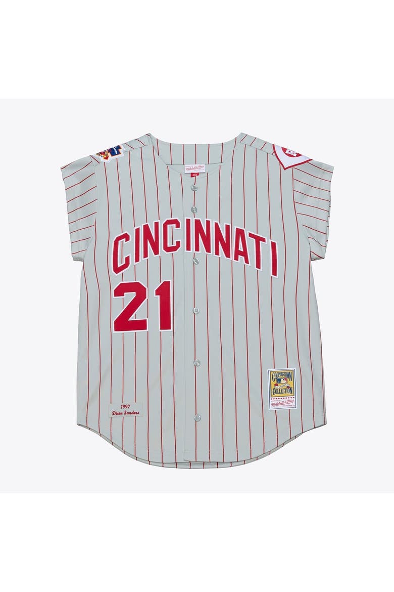 Men's Mitchell & Ness Deion Sanders Gray Cincinnati Reds 1997 Authentic Jersey, Main, color, Gray