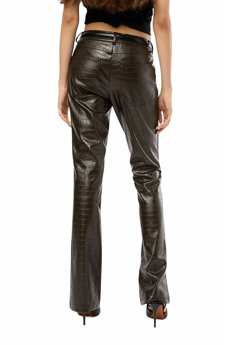 Vegan Leather Croc Mid Rise Flare Pant, Alternate, color, BROWN