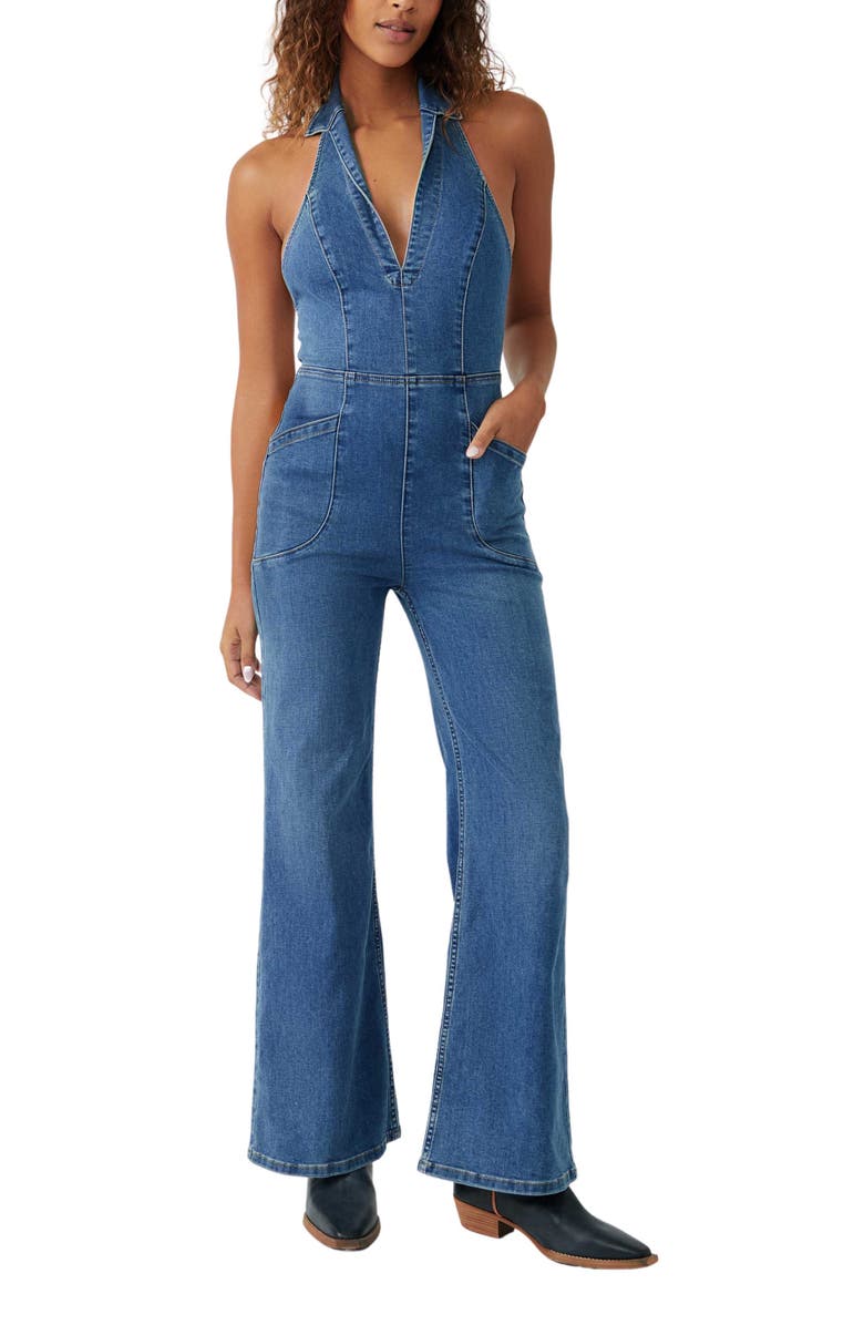 Free People Sweet Thing Flared Denim Halter Jumpsuit, Main, color, 