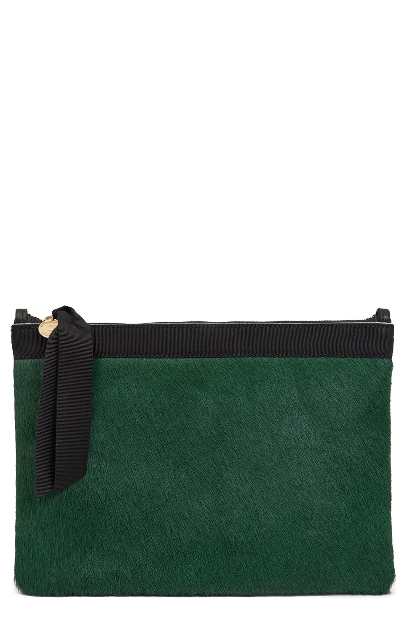 Flat Genuine Calf Hair Clutch, Main, color, BOTTLE GREEN