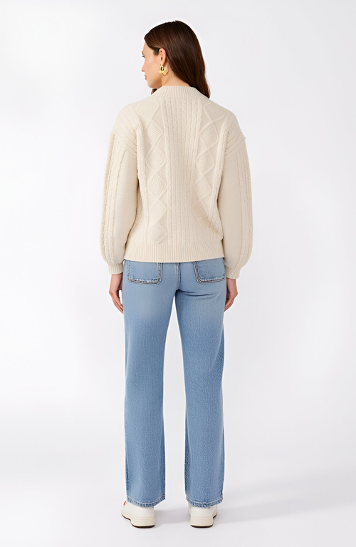 Modenaire Cable Knit Zip Front Cardigan With Diamond Pattern And Ribbed Trim Balloon Sleeves In White
