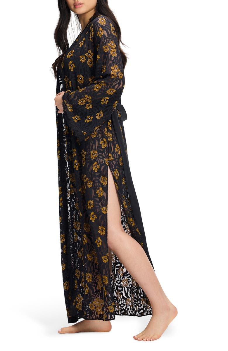 SAVAGE X FENTY Feline Floral Sleep Robe, Alternate, color, Black Caviar