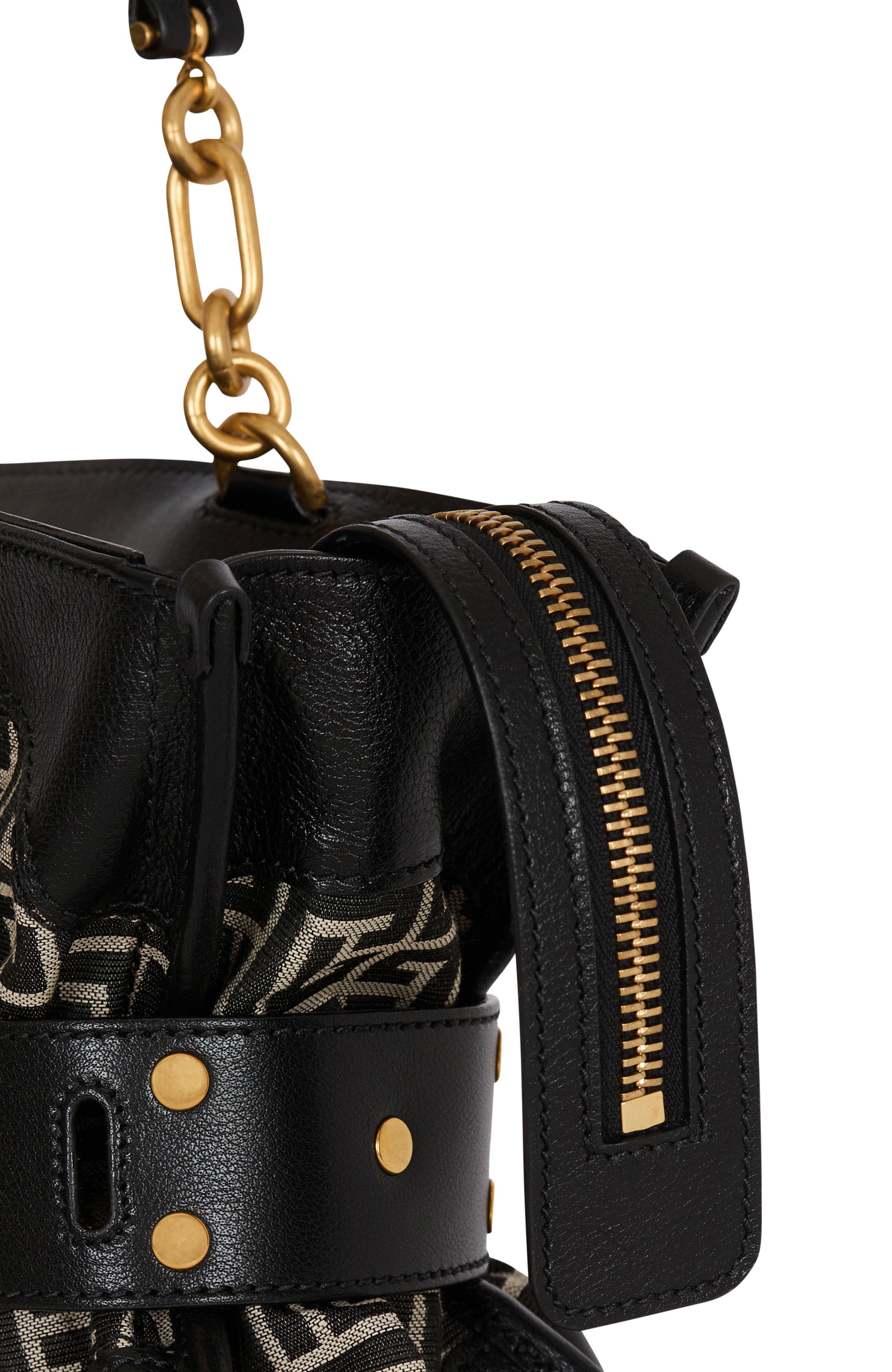 Balmain Leather and monogram jacquard Anthem bag, Alternate, color, Black