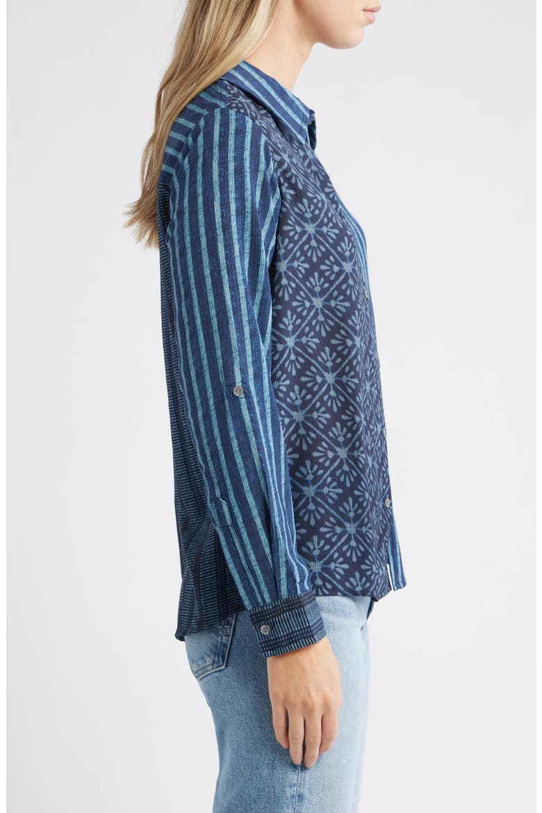 Print Roll Tab Sleeve Chiffon Button-Up Shirt, Alternate, color, DARK BLUE