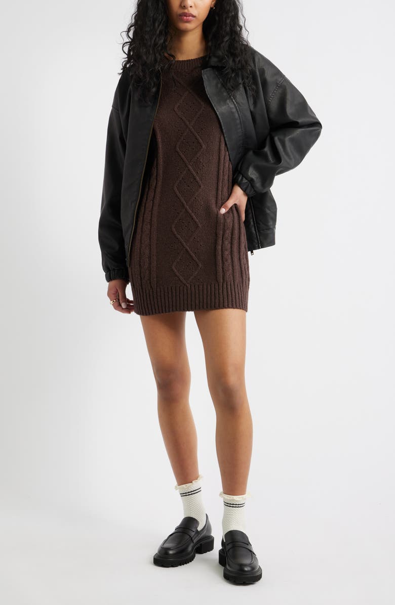 BP. Long Sleeve Cable Knit Sweater Dress, Alternate, color, Brown Coffee