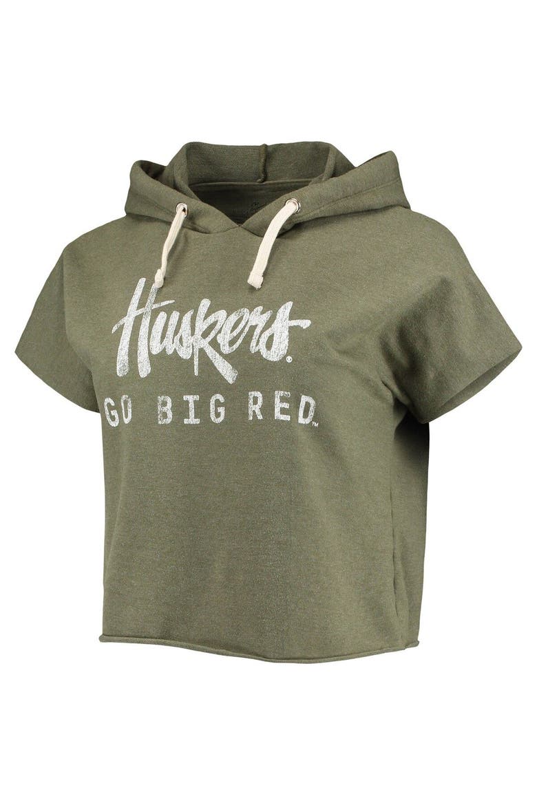 Women's Original Retro Brand Olive Nebraska Huskers Cropped Tri-Blend Short Sleeve Pullover Hoodie, Alternate, color, Olive