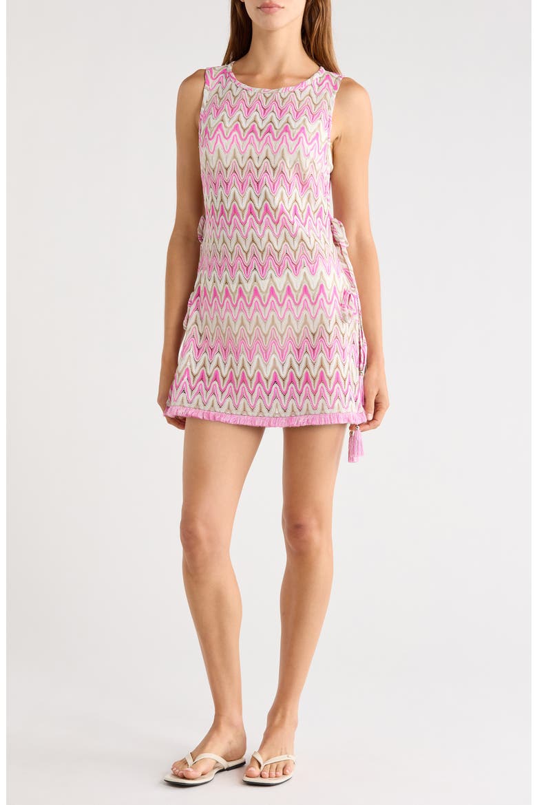 Kimber Metallic Fringe Trim Tie Side Cover-Up Minidress, Main, color, RADIANT PINK ZIGZAG