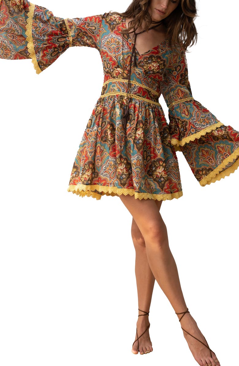 BAROK PARIS Paisley Print Bell Sleeve Minidress, Main, color, 