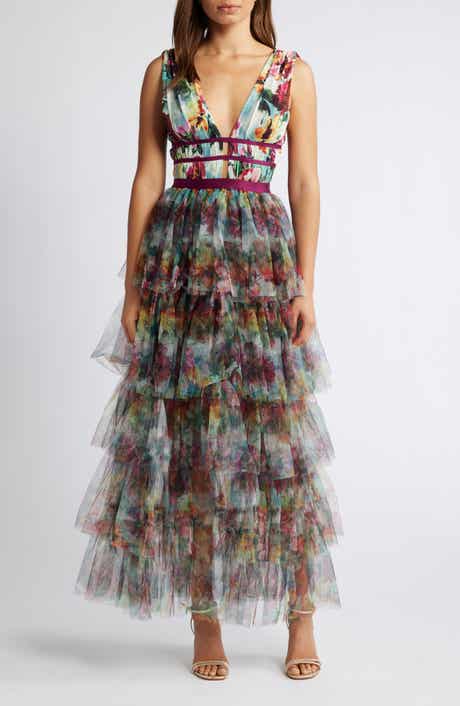 Floral Print Tiered Mesh Gown