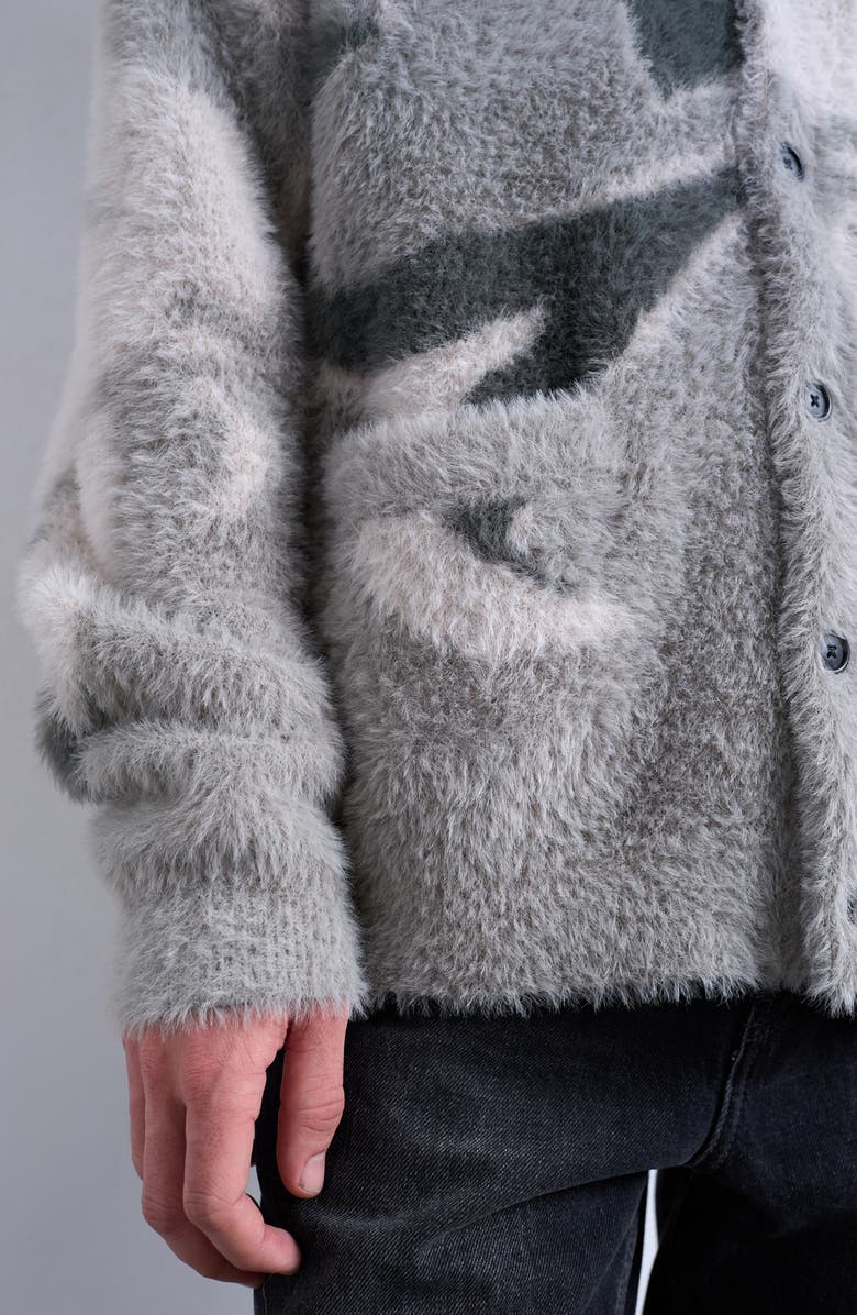 Topman Abstract Print Fuzzy V-Neck Oversize Cardigan, Alternate, color, Grey