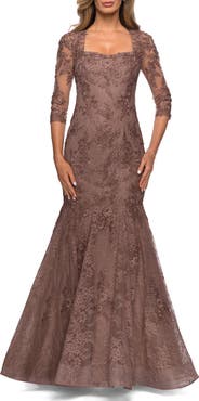 La Femme Long Lace Mermaid Gown with Square Neckline