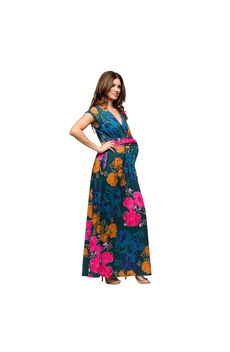 24seven Comfort Apparel Maternity Floral Print Cap Sleeve V-Neck Side Slit Pocket Maxi Dress, Alternate, color, Blue Multi