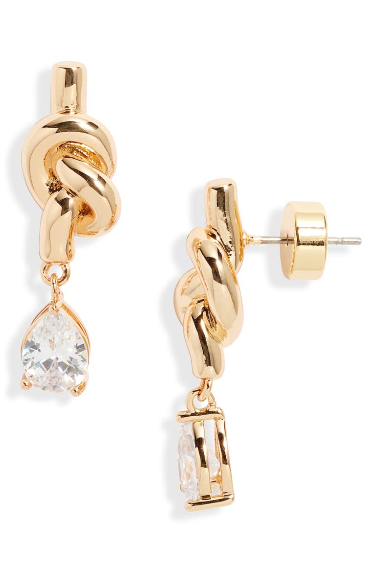 Cubic Zirconia Knot Drop Earrings, Main, color, CLEAR- GOLD