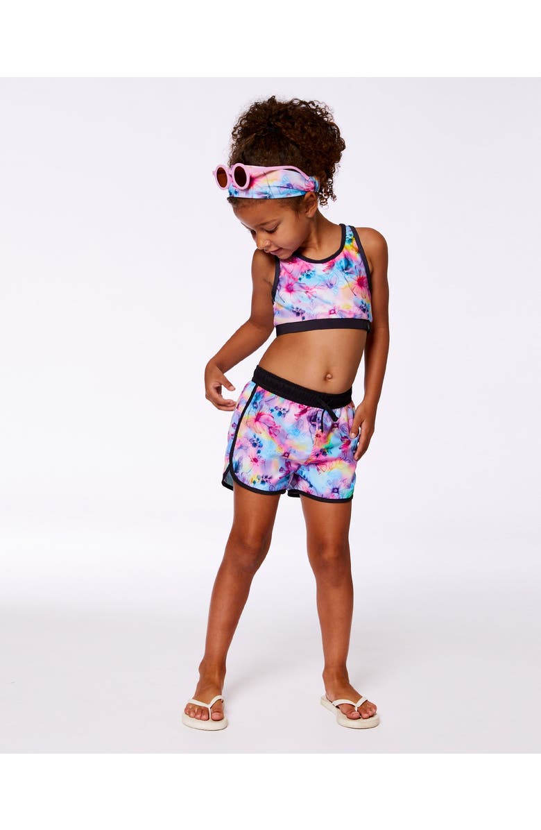 Deux par Deux Girl's Printed Swim Shorts Butterflies On Multicolored And Black Background, Alternate, color, 