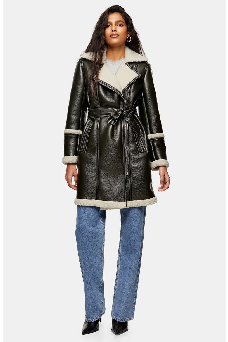 Faux Leather & Faux Shearling Moto Jacket, Alternate, color, DARK GREEN