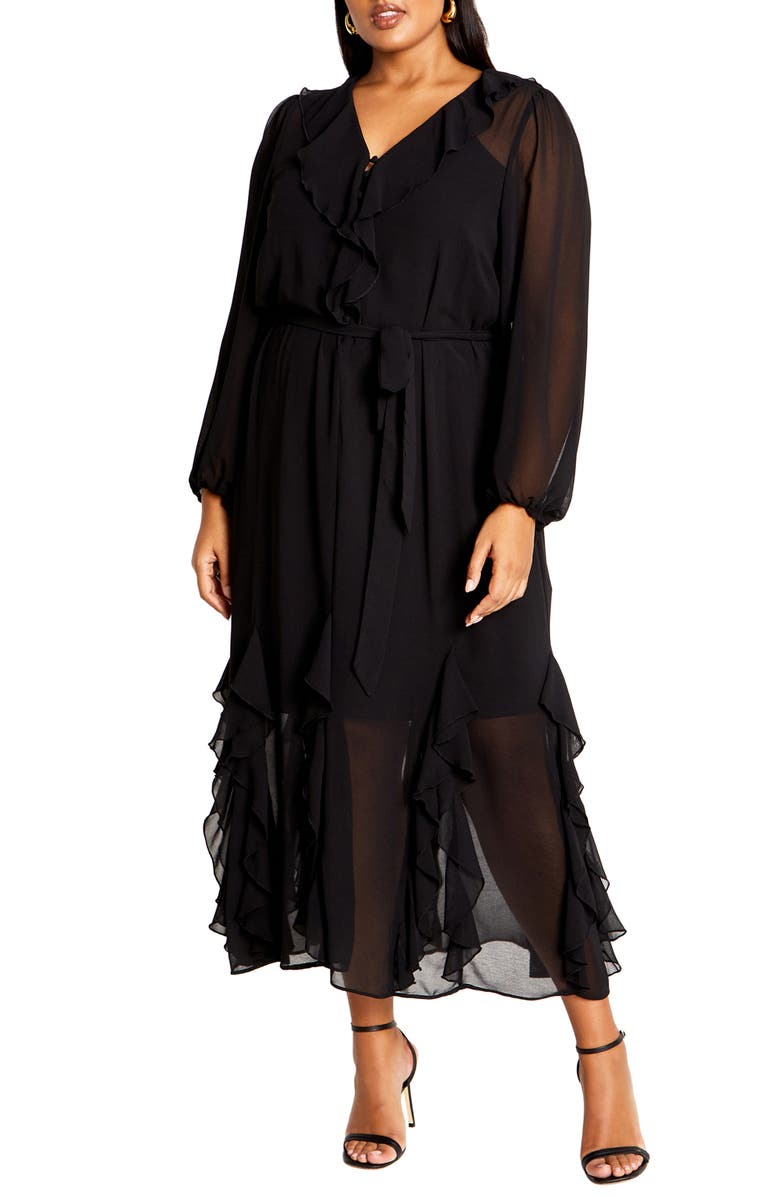 City Chic Bridgette Tie Belt Long Sleeve Button Front Maxi Dress, Main, color,