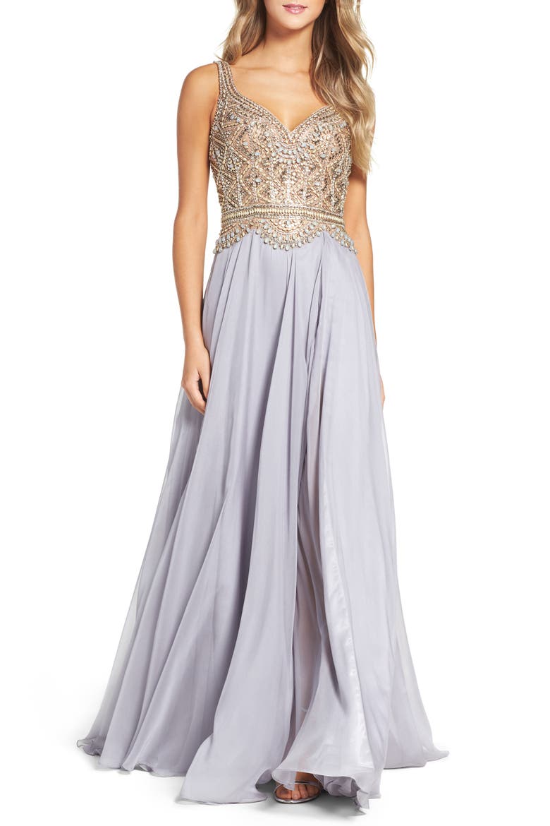 Beaded Chiffon Ballgown, Alternate, color, PLATINUM