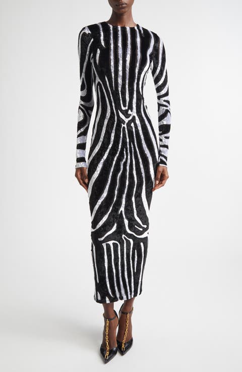Zebra Stripe Cutout Long Sleeve Velvet Body-Con Dress