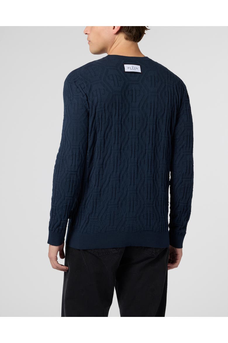 Jacquard Round Neck Pullover Monogram Men, Alternate, color, navy