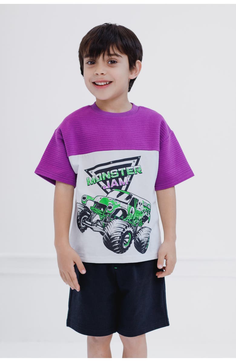 Monster Jam Grave Digger T-Shirt & Mesh Shorts Set, Alternate, color, Purple / Gray / Black