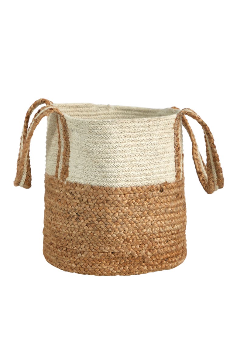 NEARLY NATURAL 14-in Boho Chic Basket Planter Natural Cotton and Jute with Handles, Main, color, Beige/Cream